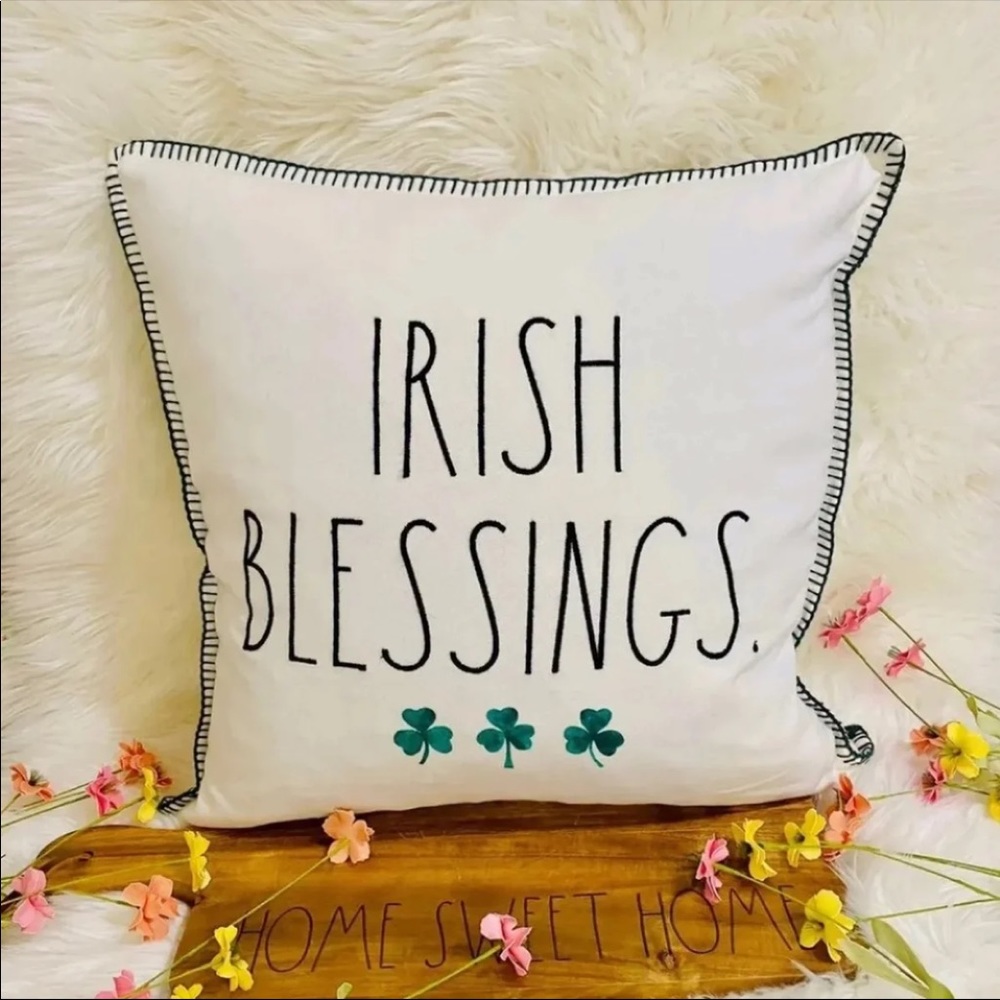 ♡Rae Dunn IRISH BLESSINGS w/ clover icons throw pillow home decor! Rare! HTF!♡